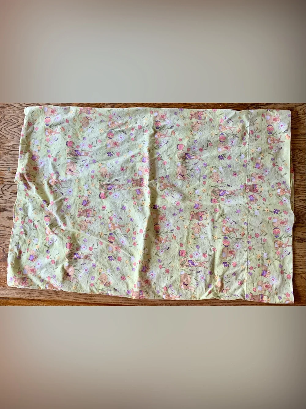 vintage style whimsical pillowcase pastel Easter bunny florals soft green